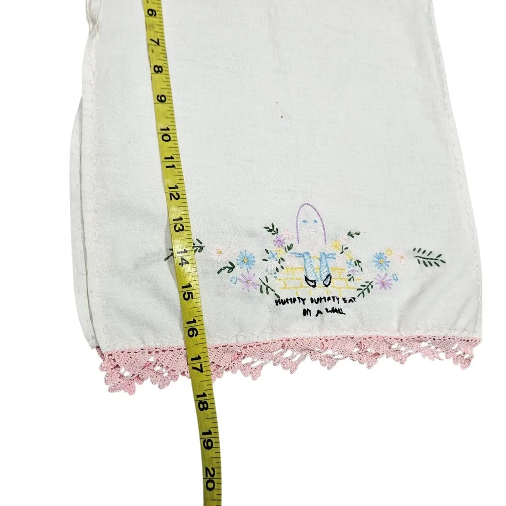 Embroidered Cotton Hand Towels Set of 2 Turtle Humpty Dumpty Pink Blue Lace Trim